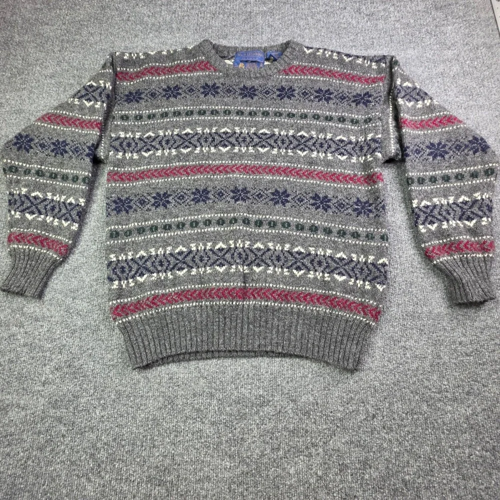Wm. H. Leishman Sweater Mens M Grey Fair Isle Shetland Wool Crewneck Pullover
